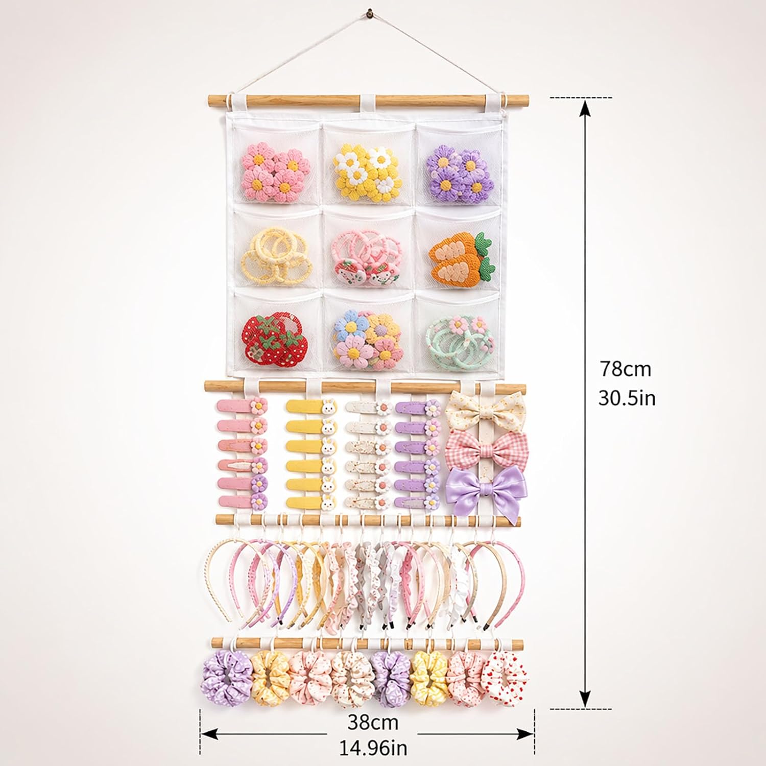 Headband Holder Hair Bows Organizer for Girls, 9 Mesh Pockets Wall Hanging Hair Accessories Organizer with Multiple Hooks, Large Capacity Storage Display for Hair Clips, Scrunchies, Nursery Room Decor