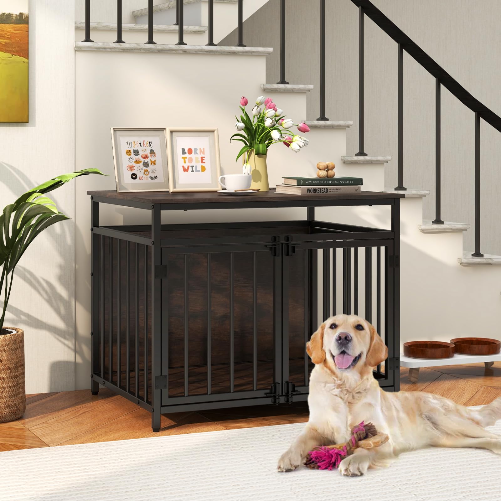COSTWAY Hundekäfig Möbel, Hundebox für zuhause mit DREI Türen, Hundegitterbox Holz Indoor für kleine & mittelgroße Hunde, Beistelltisch aus Holz & Metall, 80 x 60 x 64 cm