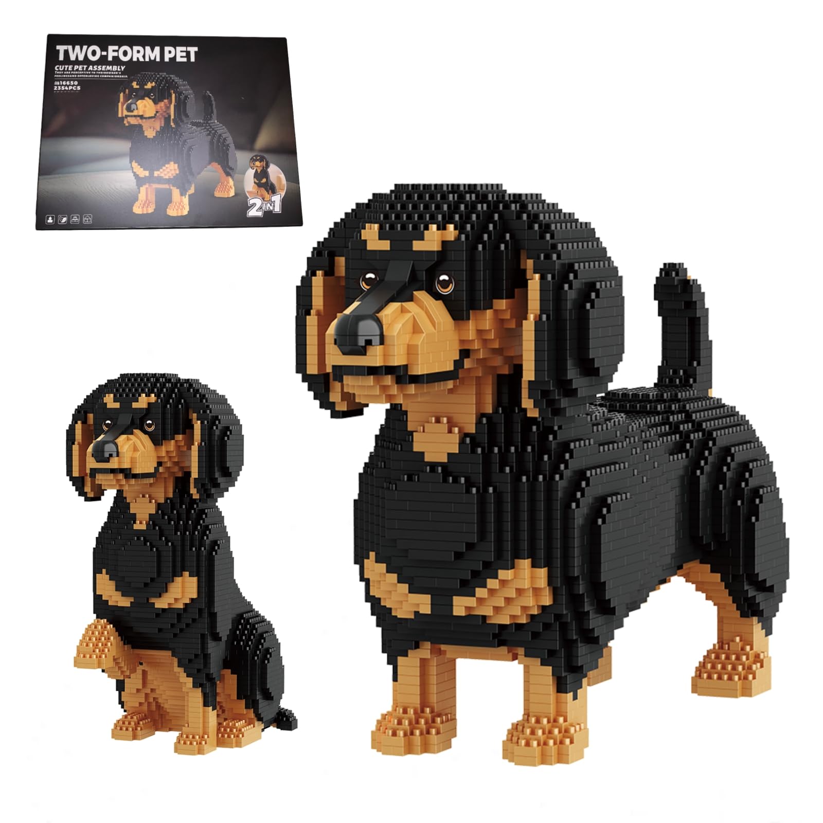 2 IN 1 Dackel Hunde Baustein Set für Erwachsene, 2354 Teilen Welpen Mini Mikro Klemmbausteine Tiermodell Spielzeug, Haustier Hund Figur Schreibtisch Deko, Geschenken für Jugendliche Erwachsene