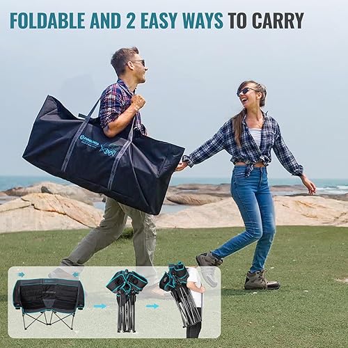 Miniatura 8 de FUNDANGO Silla de campamento doble extra ancha con enfriador, sillas de campamento plegables de gran tamaño para 2 personas para adultos, sofá
