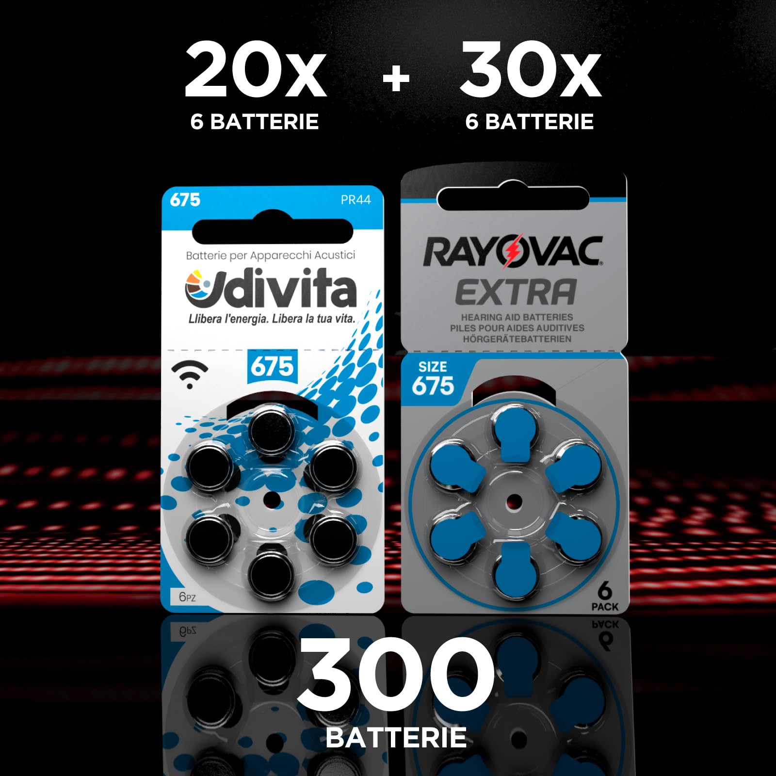 300 Batterie per Apparecchi Acustici Misura 675 PR44 Blu Zinco-Aria Phono Pulse Technology in 50 Blister da 6 Pile - 300 Batterie: 180 Rayovac + 120 Udivita