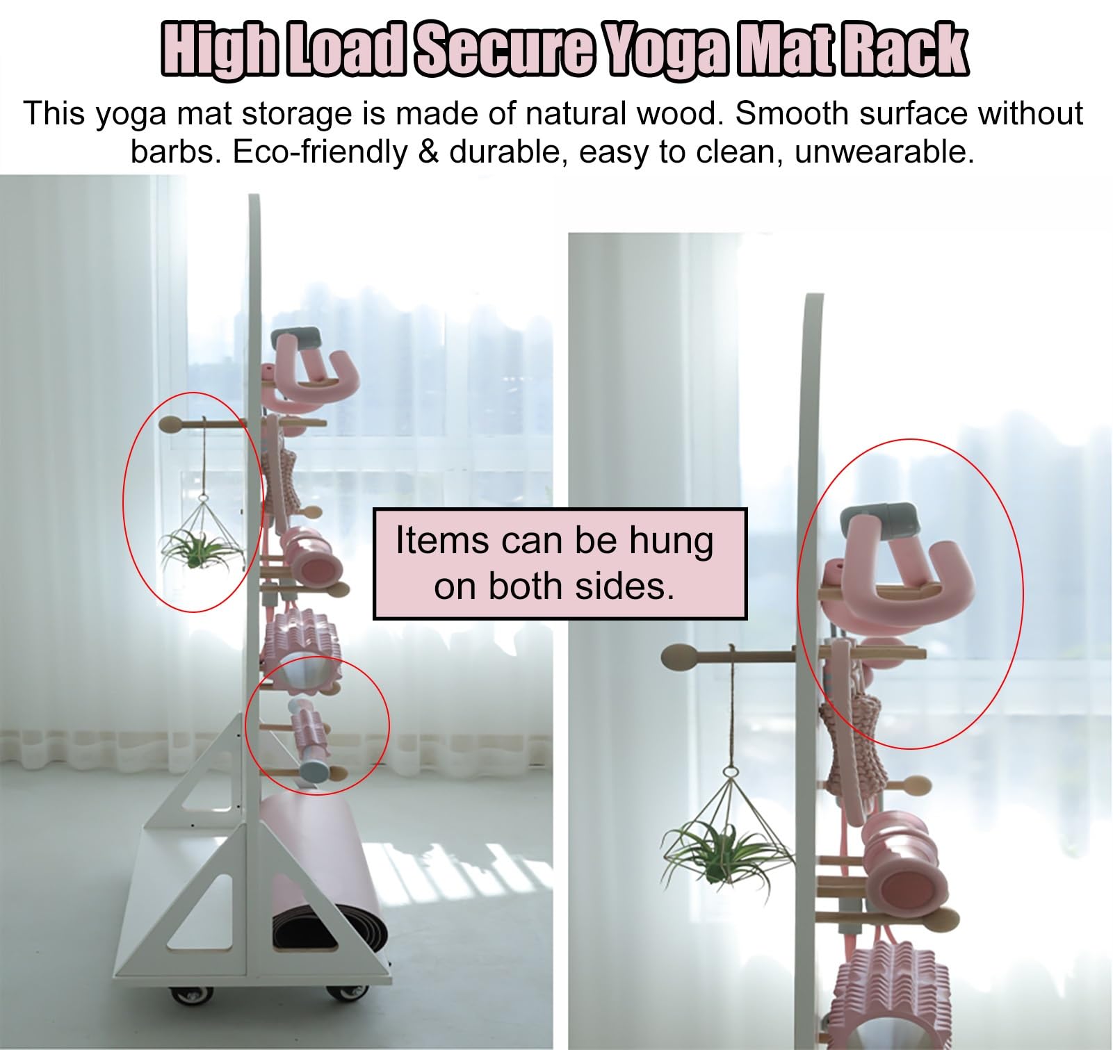 Soporte para Esterilla de Yoga de Madera Natural con Ruedas, Soporte para Esterilla de Yoga para Mancuernas, Rodillos de Espuma, Pesas Rusas, Correa de Yoga, decoración de Gimnasio en casa/a