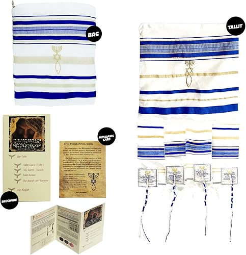 Miniatura 9 de Holy Land Market Mantón mesiánico de oración Tallit azul reydorado con bolsa, tarjeta y folleto a juego de Israel