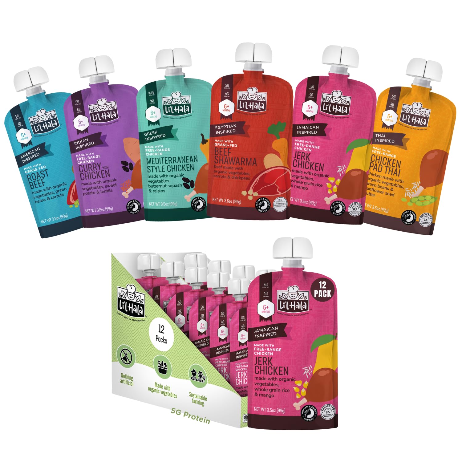 Li’l Hala Baby Food Pouches – Variety 6-Pack + Jerk Chicken 12-Pack (18 Total) – Free-Range Chicken & Grass-Fed Beef with Organic Veggies – Protein & Healthy Fats – 6+ Months