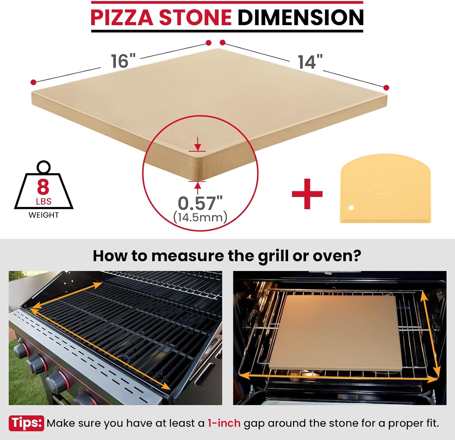 unicook large pizza stone for oven and grill, heavy duty baking stone for bread, thermal shock resistant cordierite pizza pan, 16 x 14 inch rectangular 16" x 14" rectangular