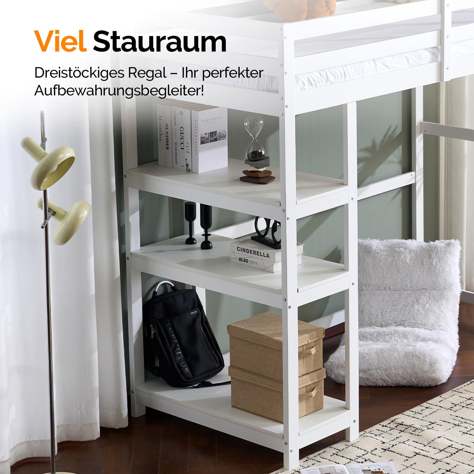 VINGLI Hochbett 90x200 cm, stabiles Kinderbett aus Kiefernholz mit Rausfallschutz und Treppe, 2-in-1 Jugendbett mit 3-stöckigem Regal, Weiß