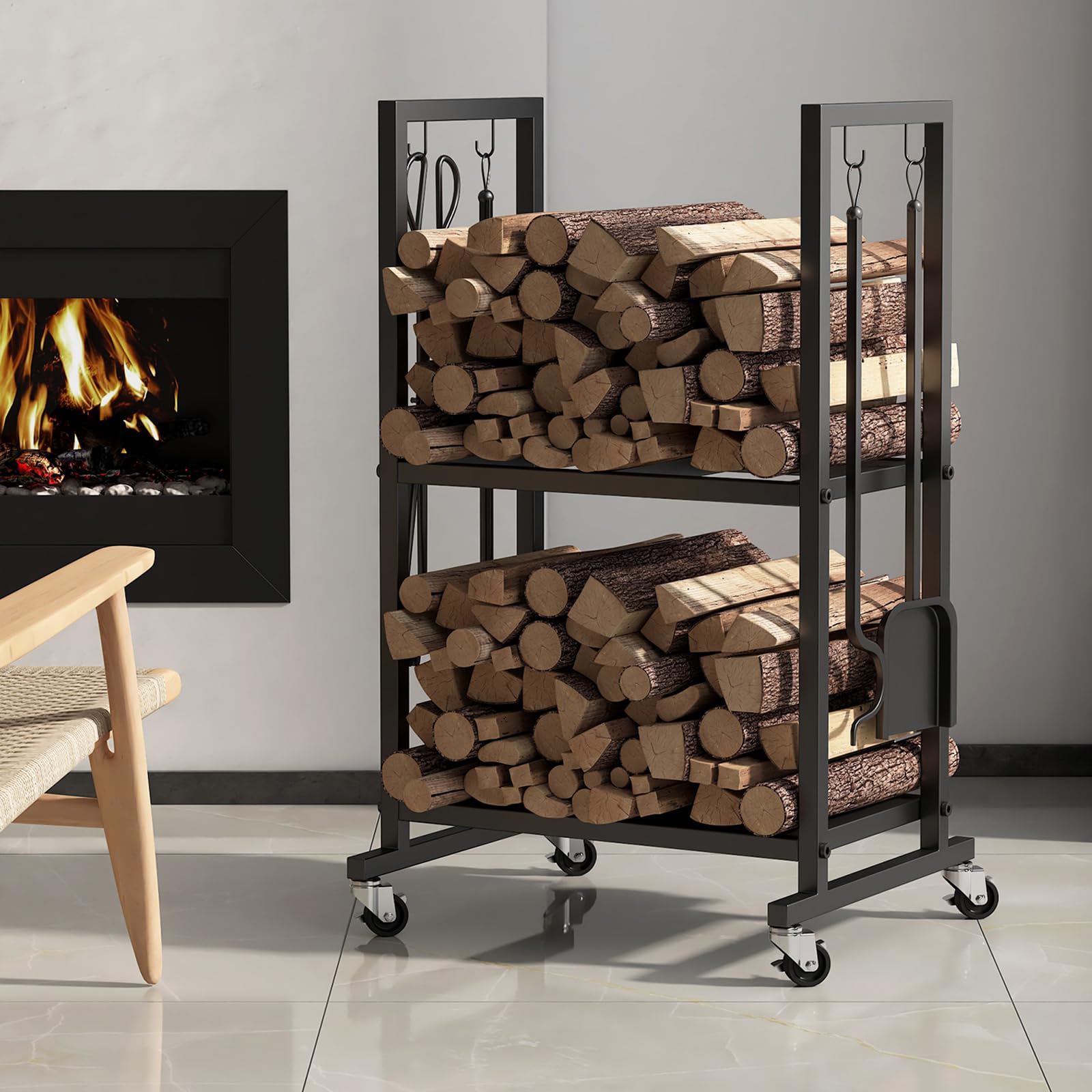 Leñero con ruedas y juego de herramientas para chimenea, incluye 4 herramientas, apto para uso interior y exterior, ideal para almacenar leña, negro.