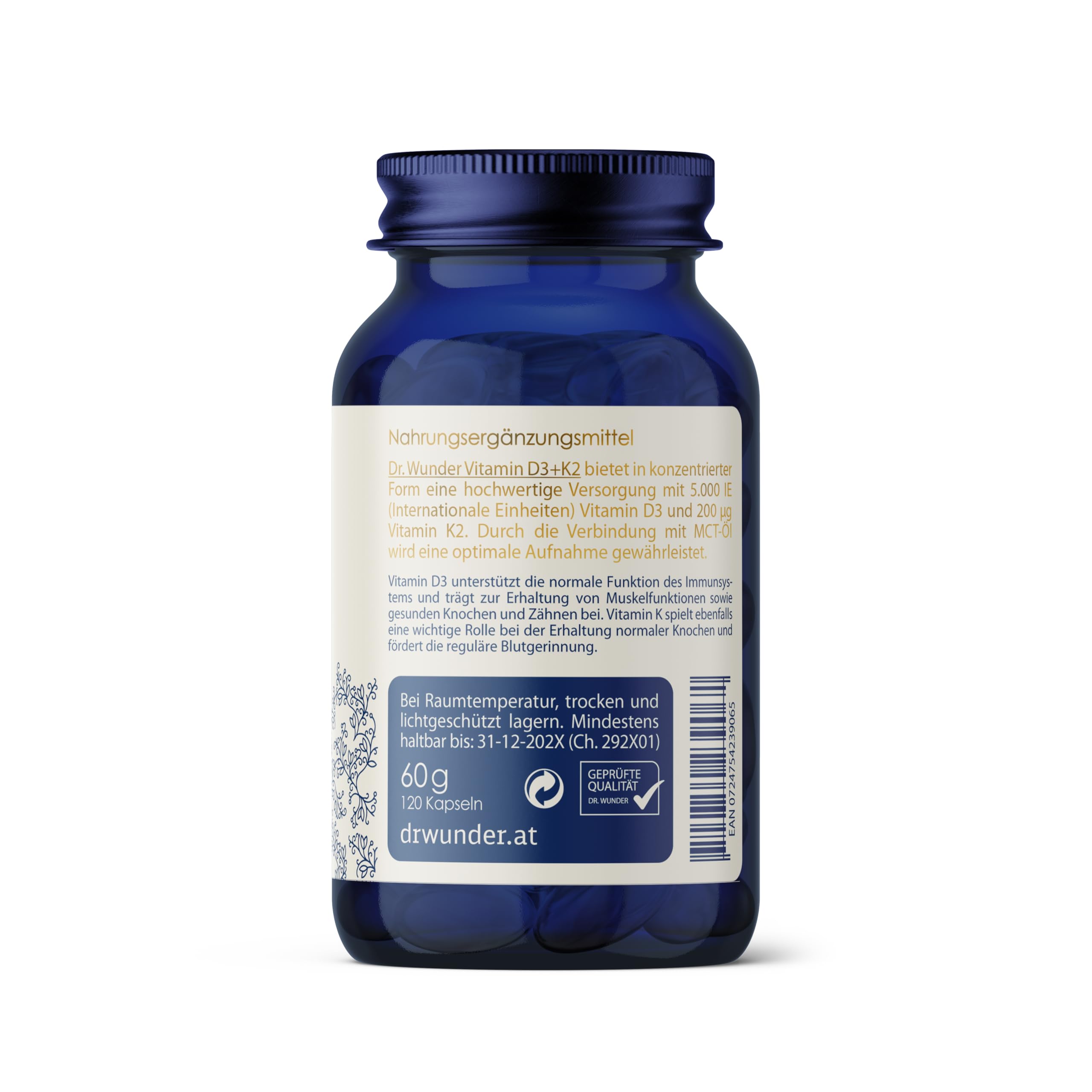Dr. Wunder Vitamin D3K2 5000: 120 Soft-Kapseln mit MCT-Öl | Vitamin D3 5000
