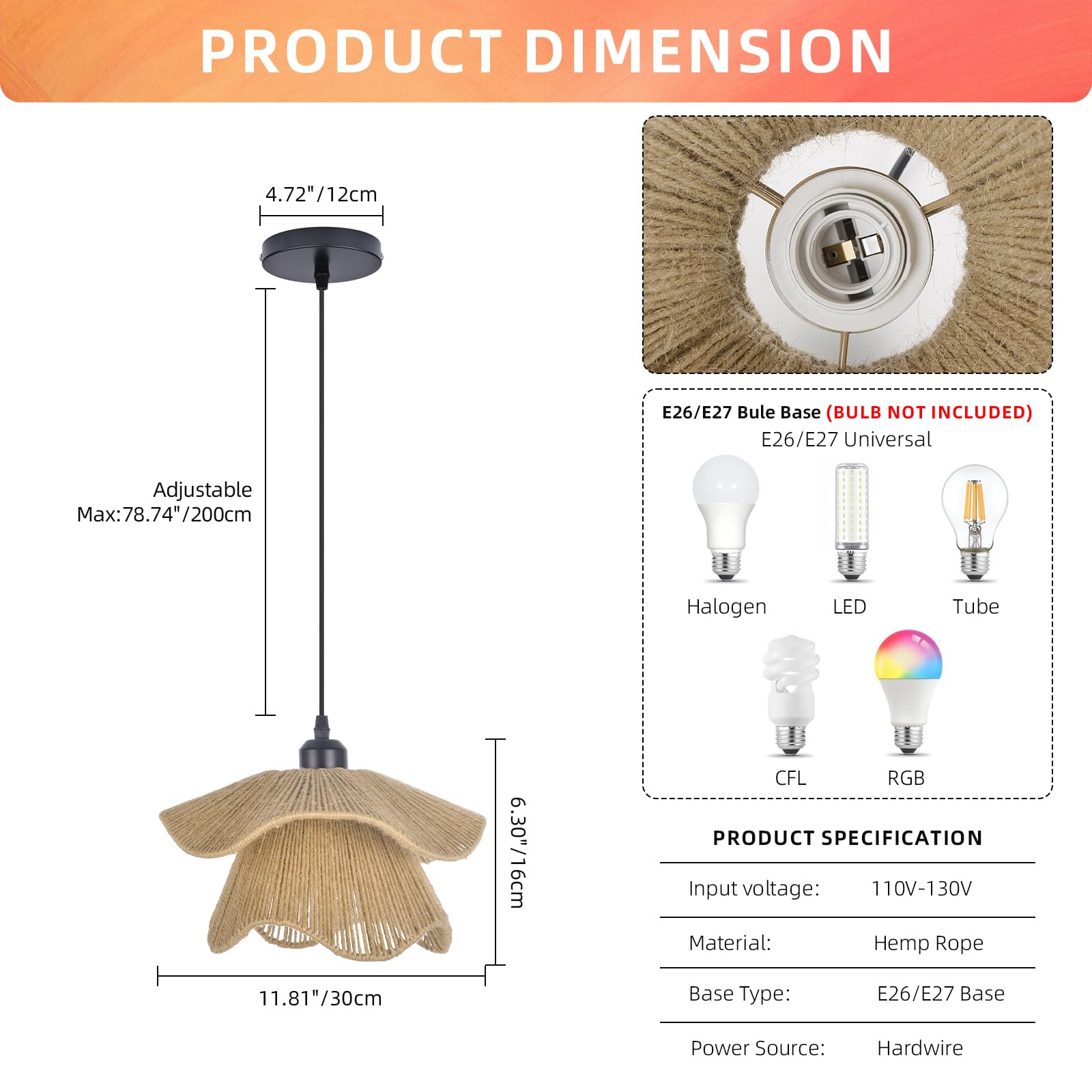 Lámpara colgante bohemia, araña tejida con cordel, iluminación colgante costera, pantalla de granja de altura ajustable para sala de estar y dormitorio 4