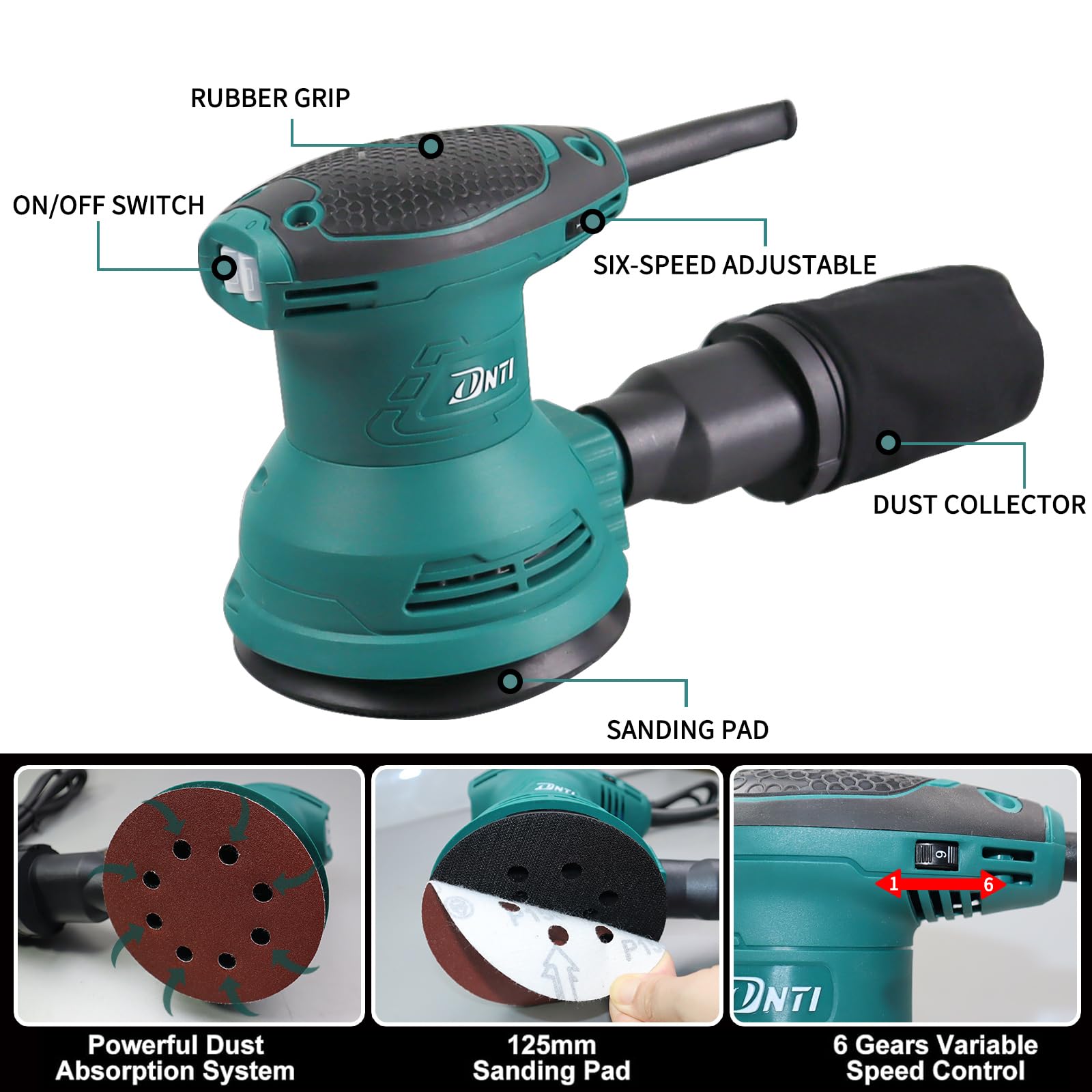 DNT Levigatrice eccentrica 380 W, 125 mm, 6 velocità strumento elettrico professionale, nero e turchese Levigatrice Orbitale per Legno per la levigatura del legno