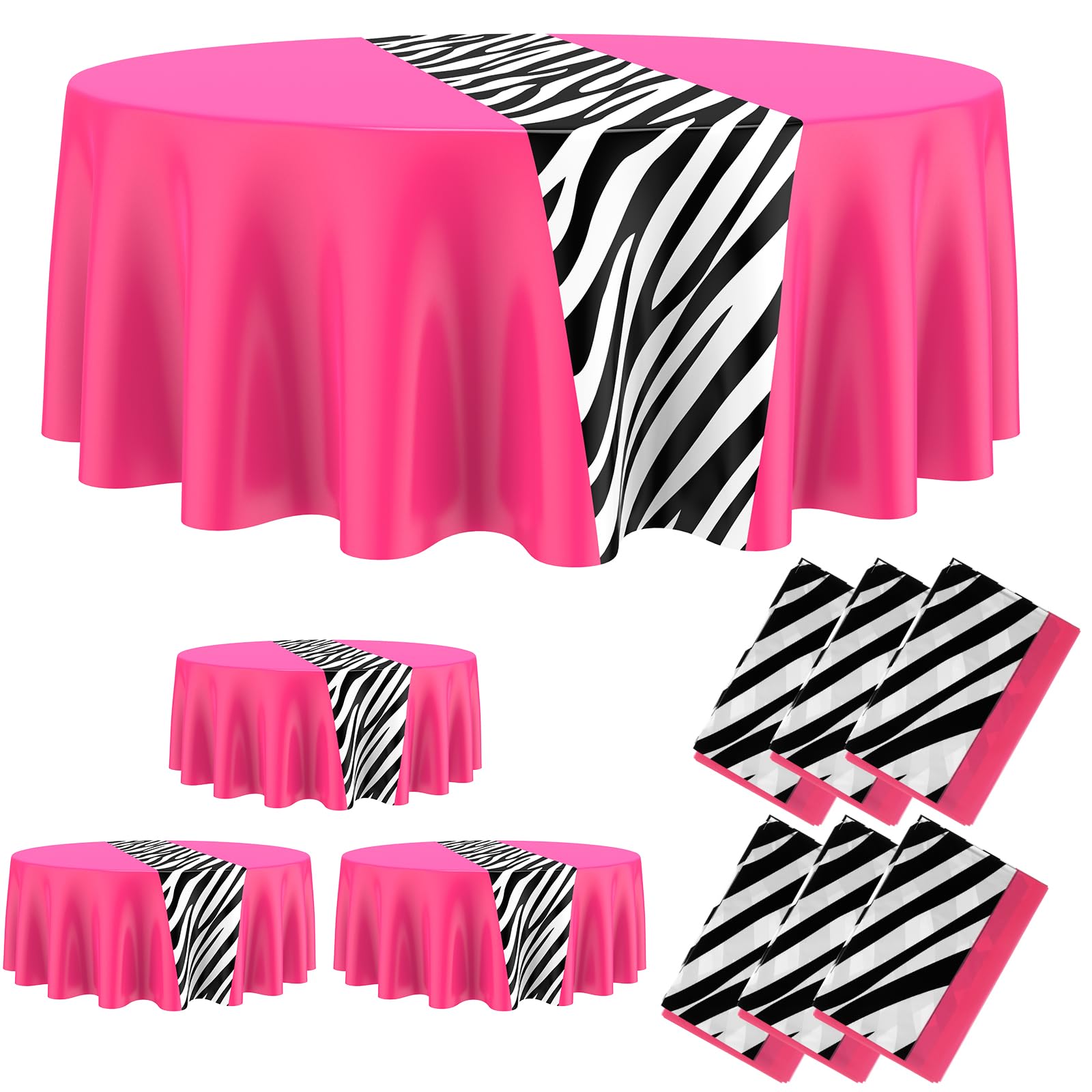 Nappe ronde plastique zèbre rose protégeant vos tables de fête des taches et éclaboussures