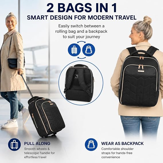 2-in-1 Wheeled Backpack 50x38x25cm - 47L, Cabin Bag for British Airways, Jet2 & More – Travel Rucksack with Hideaway Straps, Trolley Handle & Lightweight Holdall Design