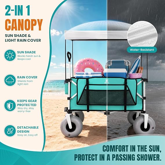 Navatiee Beach Wagon with Big Balloon Wheels for Sand, 200L Extra Large Beach Cart with Canopy, 440Lbs Heavy Duty Folding Wagon Collapsible with 9 Tires & Side Pocket for Beach, Outdoor, Light Blue