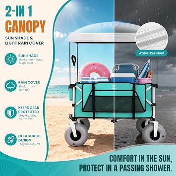 Navatiee Beach Wagon with Big Balloon Wheels for Sand, 200L Extra Large Beach Cart with Canopy, 440Lbs Heavy Duty Folding Wagon Collapsible with 9 Tires & Side Pocket for Beach, Outdoor, Light Blue