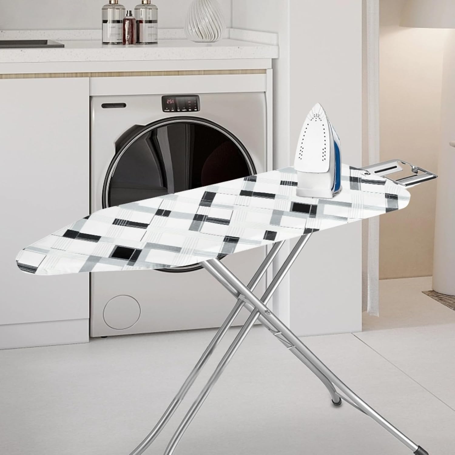 Padded Ironing Board Covers 18 X 49 Square White Gray Ironing Board Pad and Cover Thick Replacement Drawstring Tightening & Lock, Easy Fit, Scorch & Stain Resistant, Non Slip