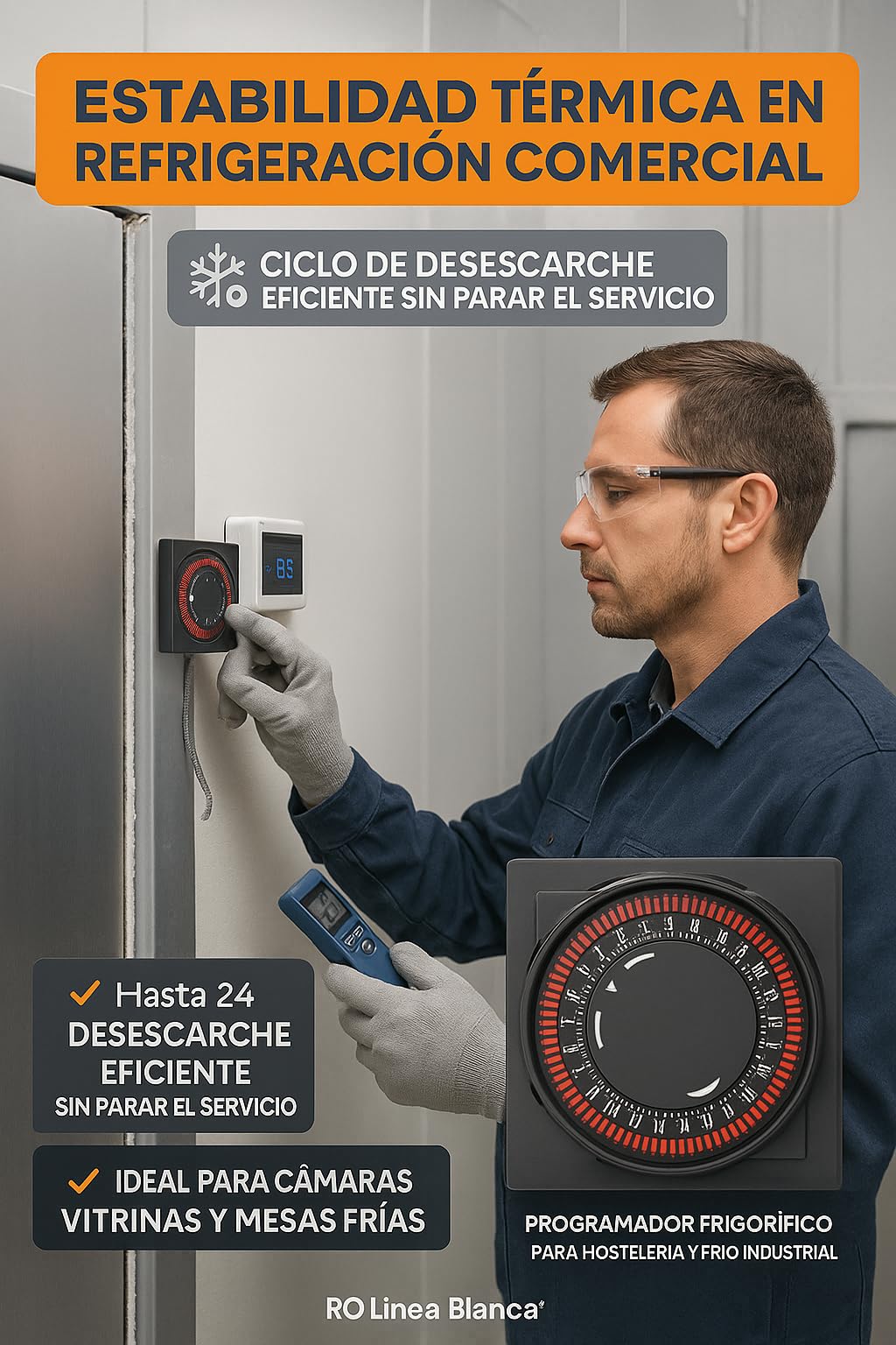 RO Linea Blanca ® Reloj Temporizador Programador Horario 24H Ciclo 15’ Desescarche 16A 230V Encastrable Con Tapa DCR24H Para Cámaras Frigoríficas Hostelería Frío Industrial Técnicos Mantenimiento