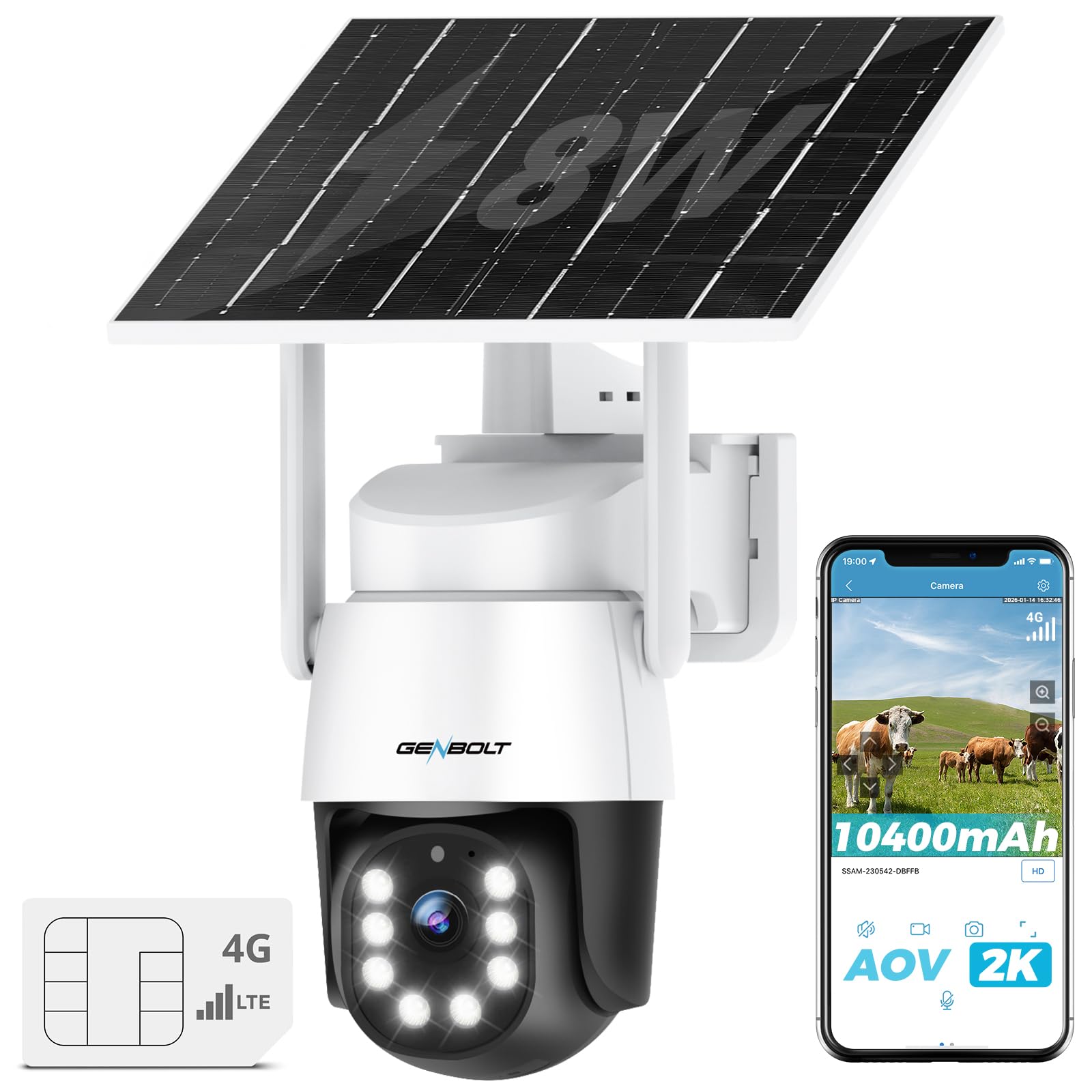 GENBOLT 4G AOV Solar Cámara Vigilancia Exterior Inalámbrica,Grabación 24/7 3MP Cámara IP Seguridad Exterior sin WiFi con Tarjeta SIM,Detección AI de 90 pies,Cámara CCTV con Batería de 8W 10400 mAh