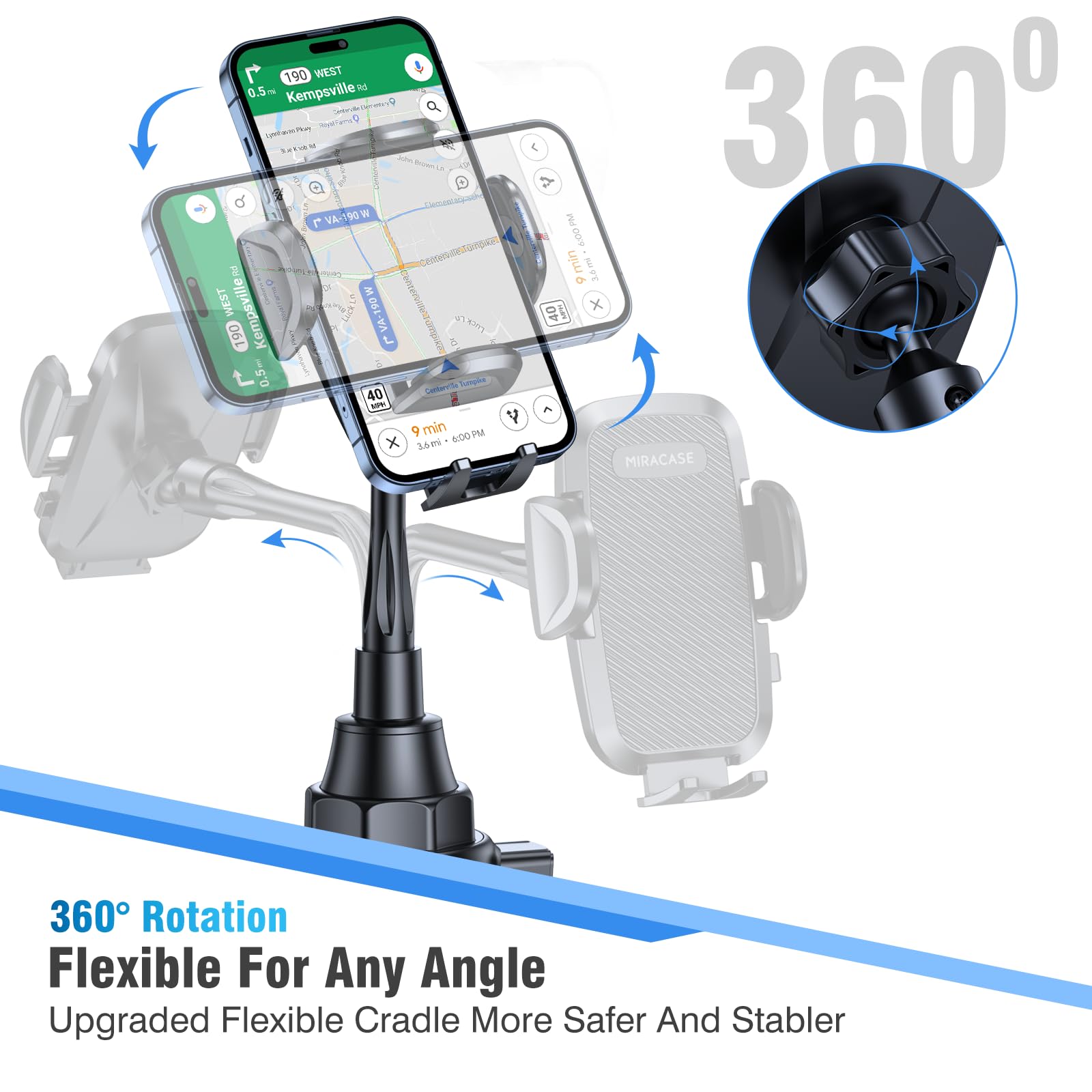 Miracase Supporto universale per telefono da auto, girevole e regolabile, a collo d'oca, compatibile con iPhone, Samsung, Google e altri smartphone