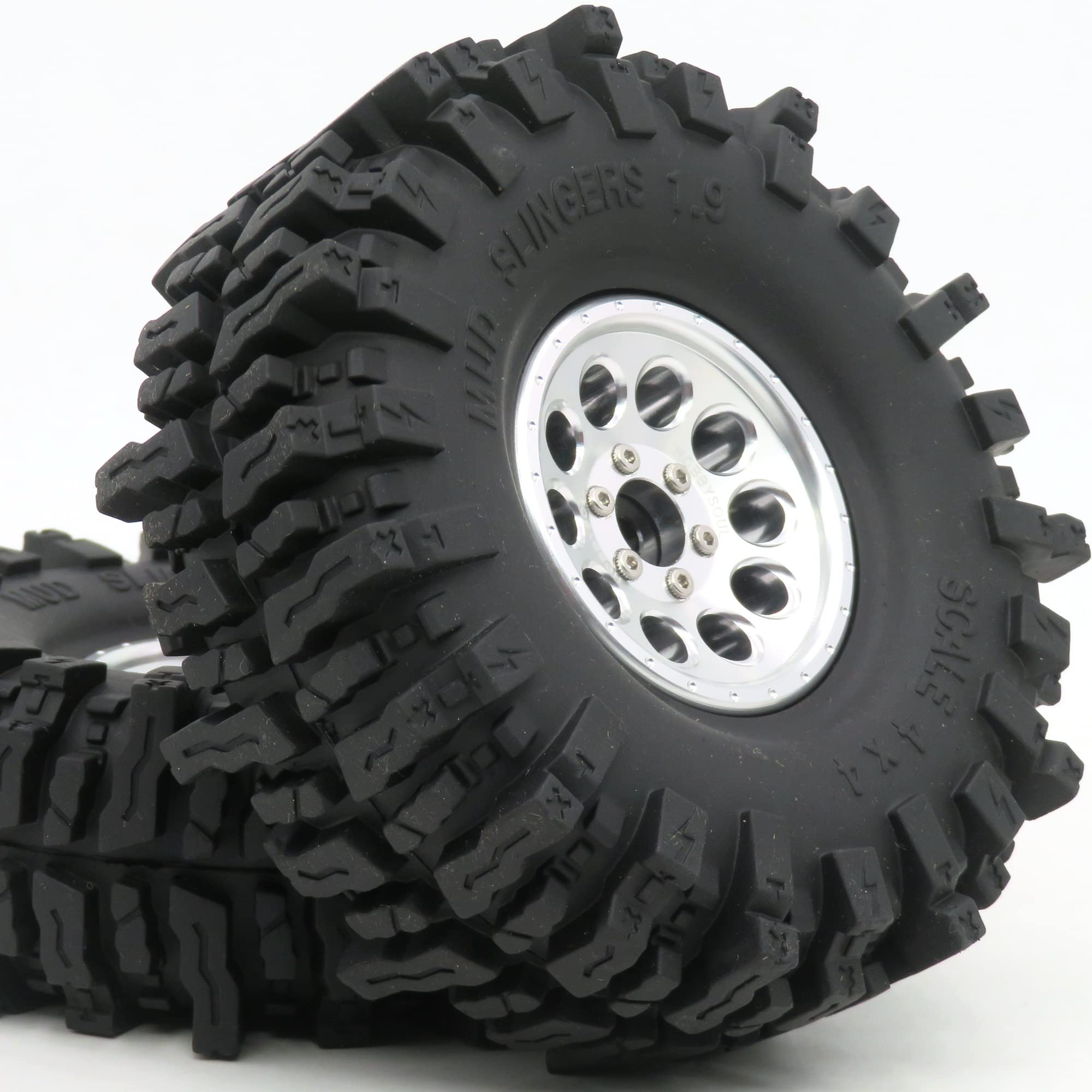 HOBBYSOUL 1.9" RC Crawler Tires & Wheels - 120mm Mud Slingers, Soft Sticky, Silver Beadlock (4 Pack)