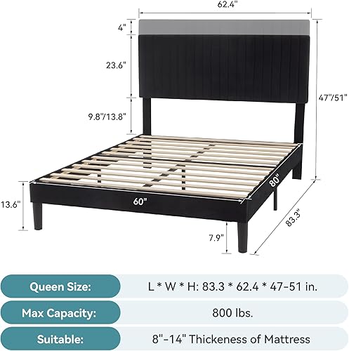 Miniatura 65 de HOOMIC Base de cama de plataforma de tamaño matrimonial, cama tapizada de terciopelo moderno con cabecera capitoné de canal vertical ajustable,