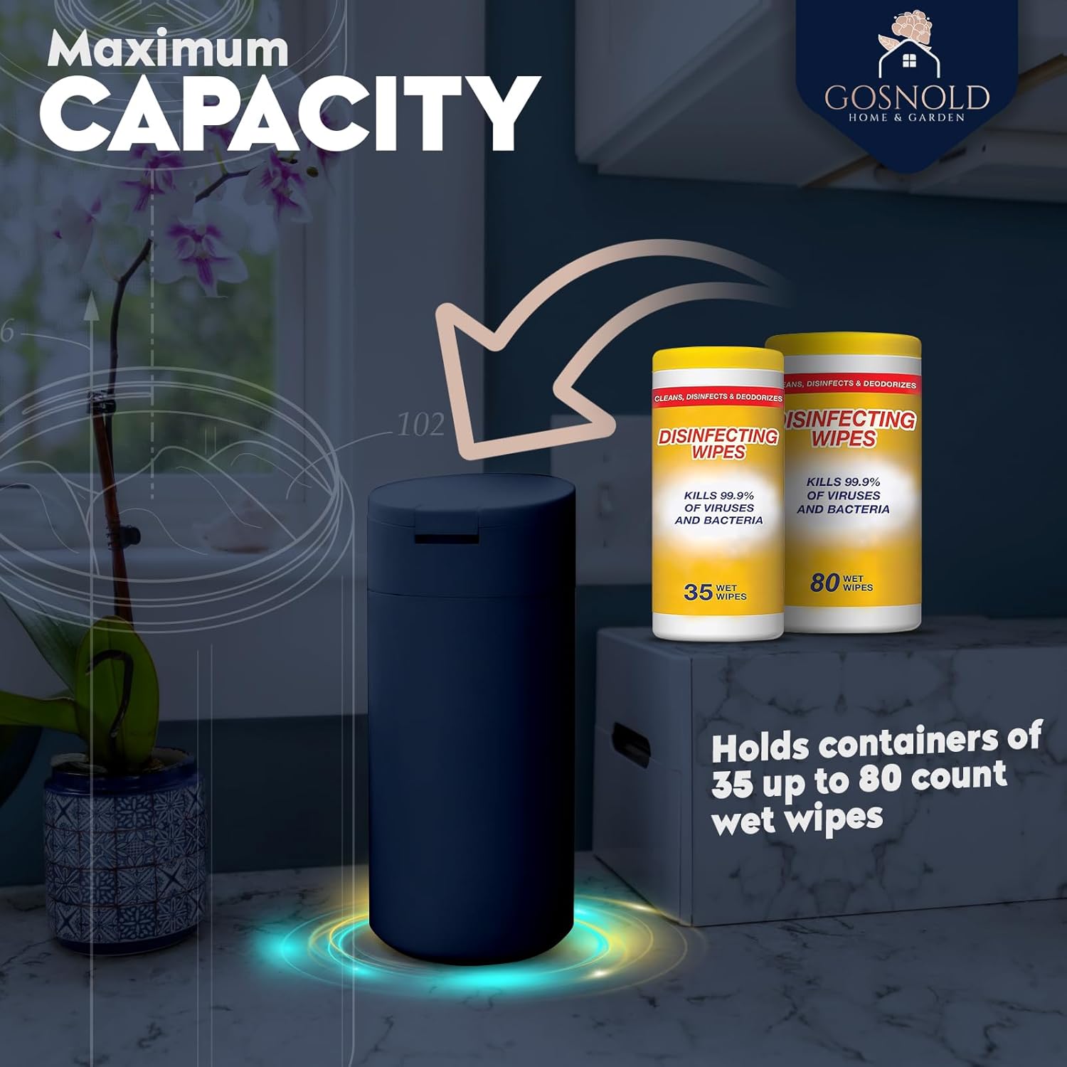 Extra Large Refillable Disinfecting Wet Wipes Dispenser (Navy Blue) | Fits Clorox, Lysol, Bleach, Sanitizing | Durable Reusable Wipes Holder for Kitchen, Bathroom, Office | Gosnold Home & Garden