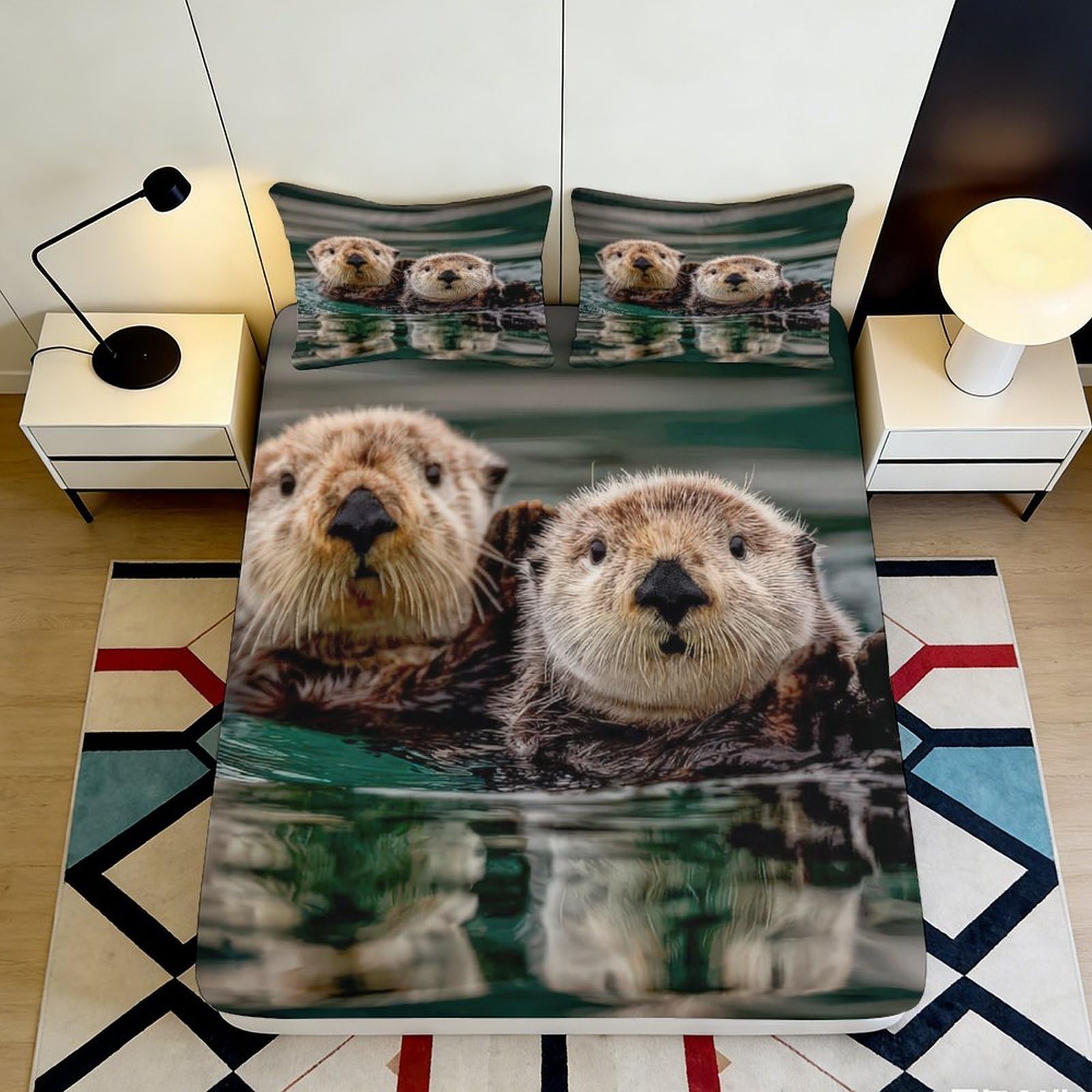 Pnayamiorkfel Style-3 3D Printed Otter Pair Fitted Sheet Microfiber Soft Animal Bed Cover For Bedroom Guest Room Mattress Protection Decor 90X200x25cm