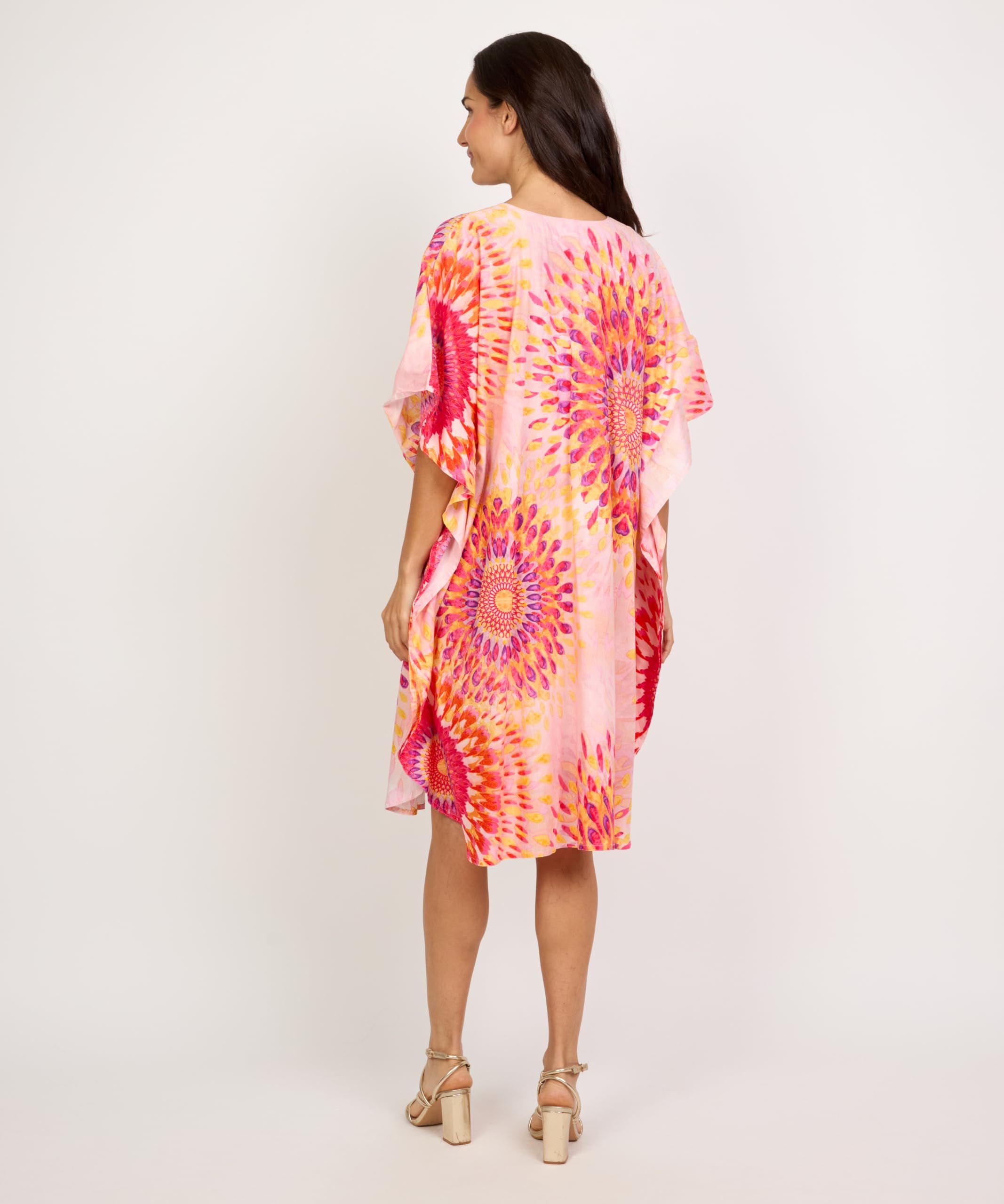 Algodón Vestido Kaftan de Playa con Estampado Solar, Manga Corta, Diseño Multicolor en Turquesa, Estilo Casual