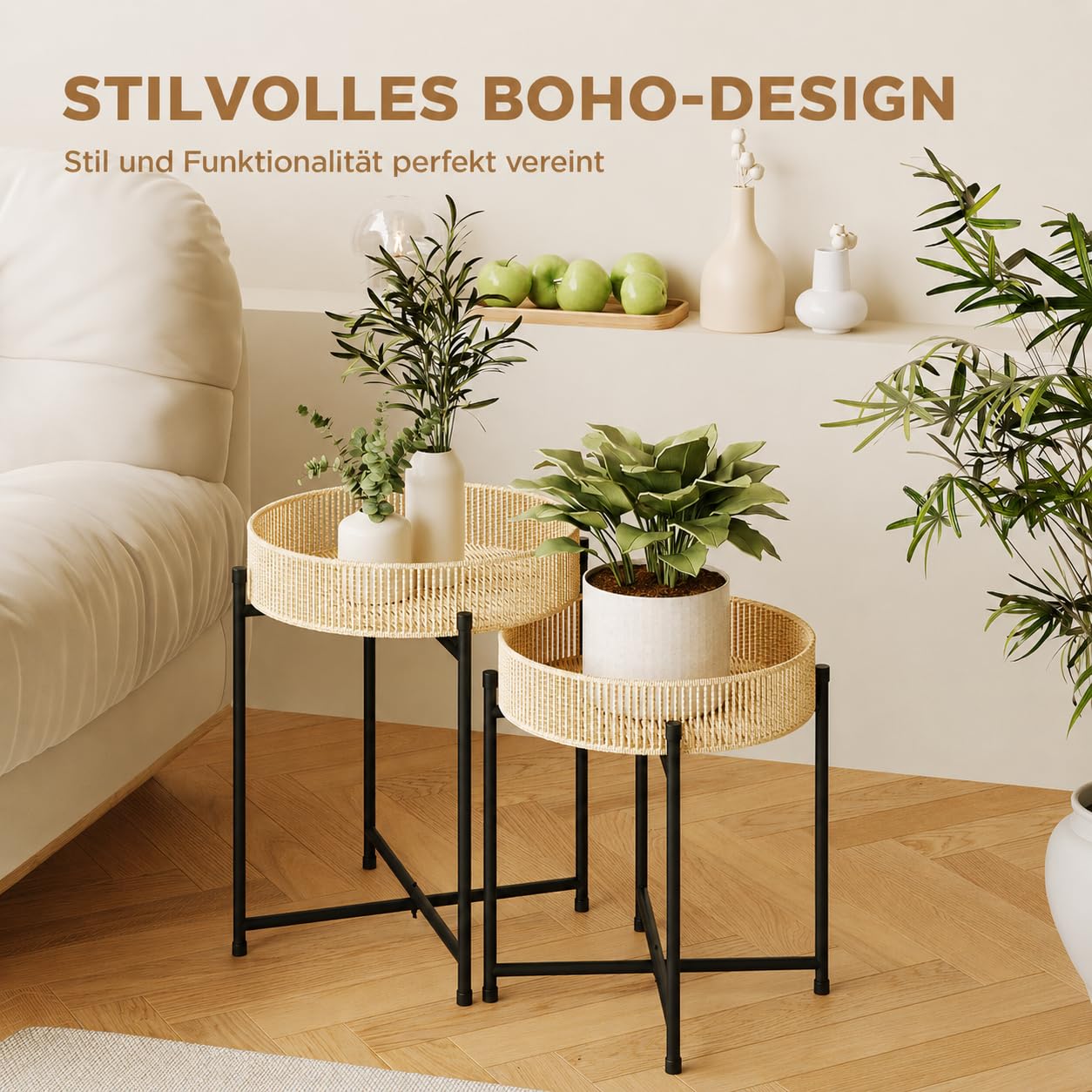 Bamworld Beistelltisch 2er Set Rund Boho Beistelltische mit Rattan Tablett & Metall Gestell Kleiner Tisch für Wohnzimmer Schlafzimmer Balkon Garten Beistelltisch Outdoor Indoor Ø44/40cm Höhe 52/43cm