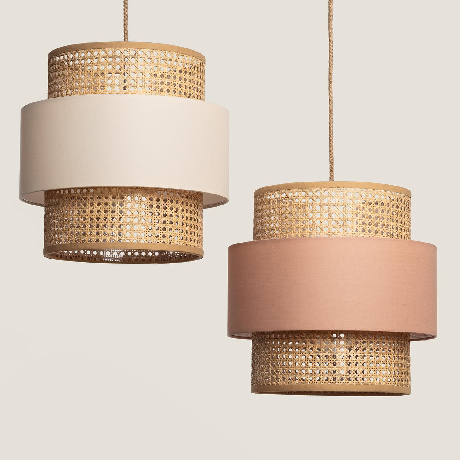 LEDKIA Lampada Sospensione Rattan e Tessuto Amaia Beige | Design Elegante e Versatile | Ideale per Ambienti Rustici o Contemporanei | Facile Installazione