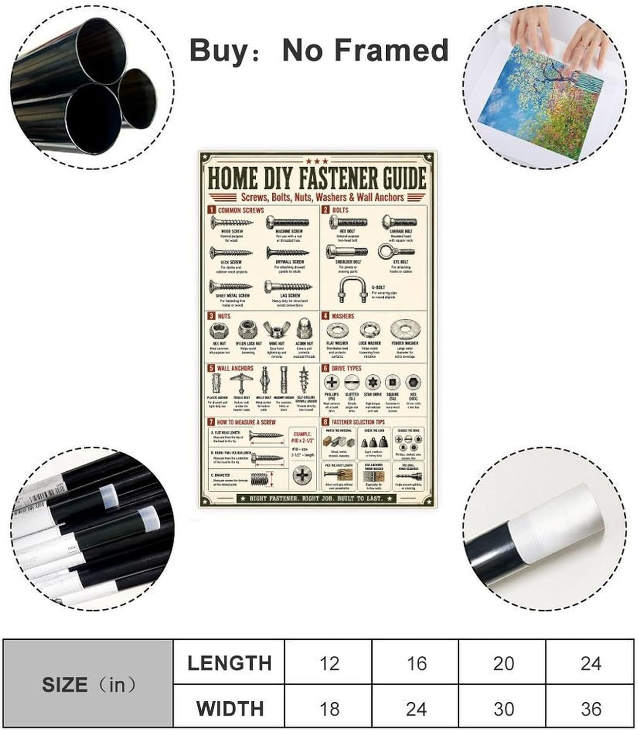VMXWLL Home DIY Fastener Guide Poster, 12 x 18 Inch Unframed Canvas image 2