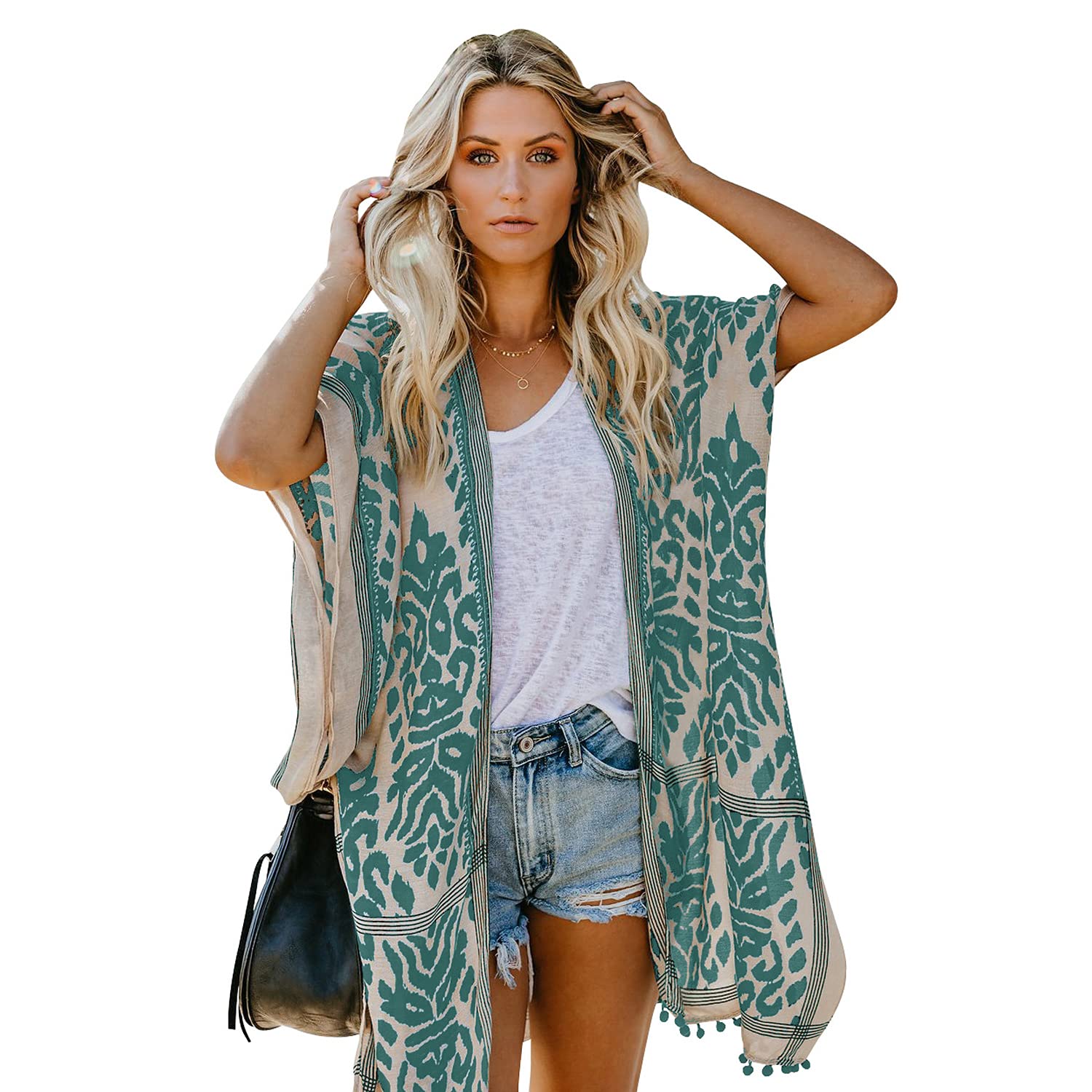 Jywmsc Chaqueta de Playa de Manga Corta para Mujer con Estampado de Kimono, Talla única