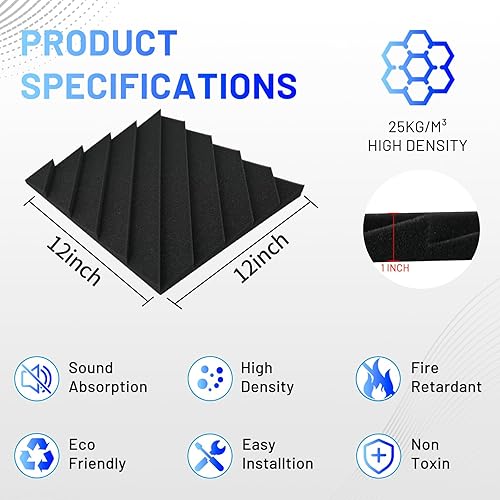 Miniatura 6 de Focusound Paquete de 48 paneles de espuma acústica a prueba de sonido, paneles de espuma acústica de 1 x 12 x 12 pulgadas para pared, paneles de