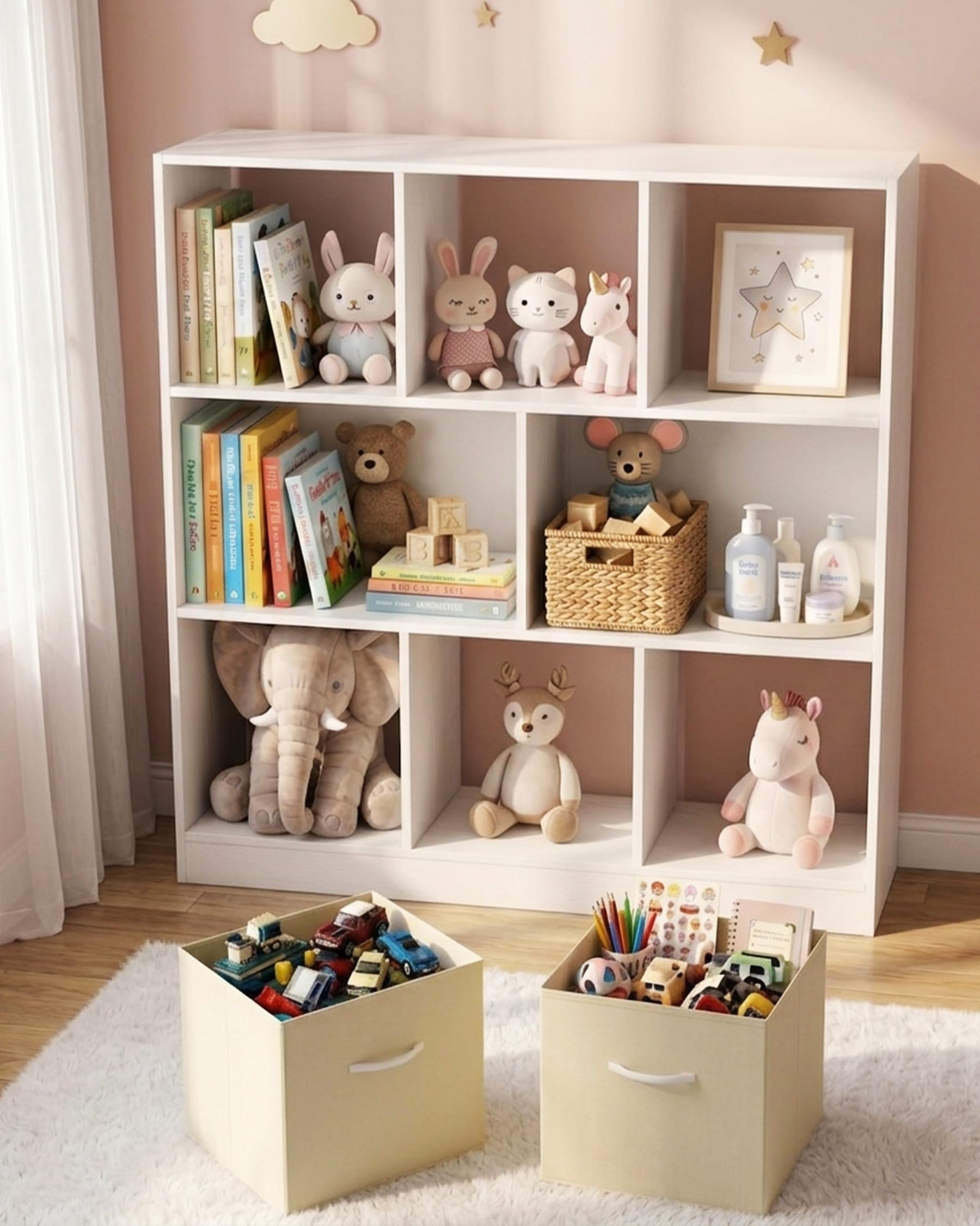 Estanteria Infantil y Juvenil Estanteria Libros Infantil con 2 Cajones de Tela Mueble Organizador Juguetes Multiuso para Habitacion y Salon Estructura Estable 97.5 x 30 x 100 cm Blanco