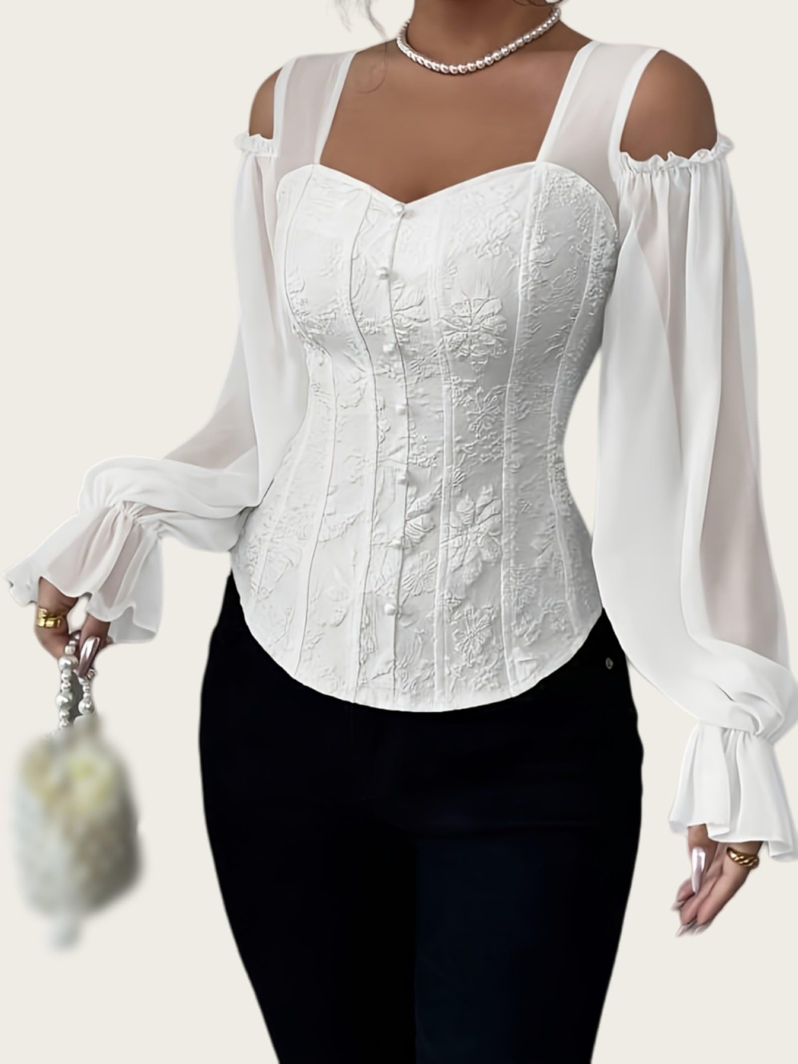 Hauts Tuniques Fluorescents À Imprimé Floral Pour Femmes Épaules Dénudées Col Carré Manches Longues En Maille Blouses Élégantes