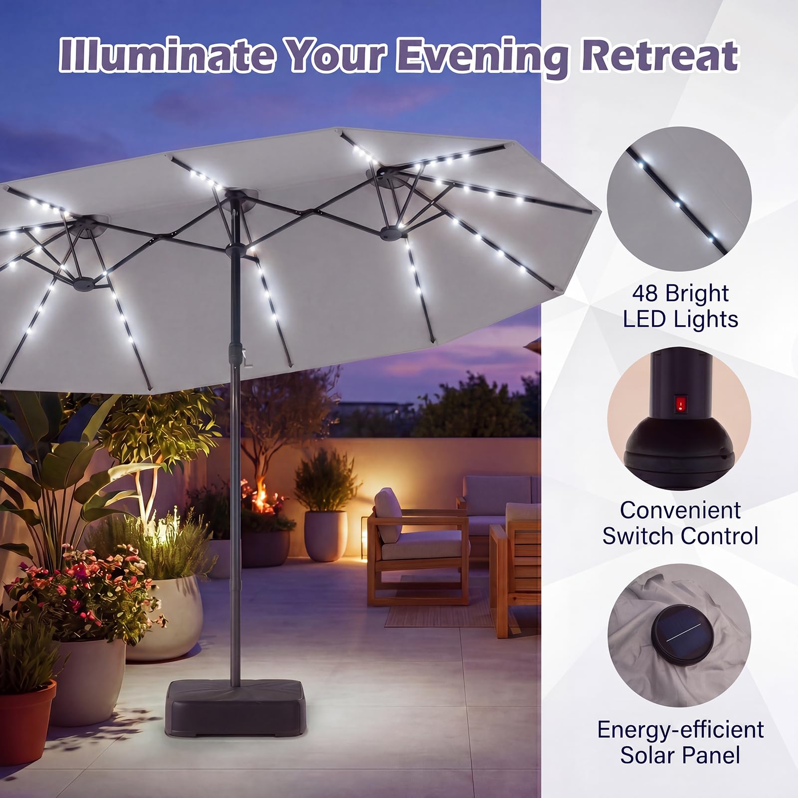 GOPLUS Parasol de Jardin Exterieur avec Pied, 4,7x2,8M Grand Parasol Double Face avec LED Solaires, Manivelle, 12 Baleines, Protection Solaire, pour Terrasse Patio Marché, Beige
