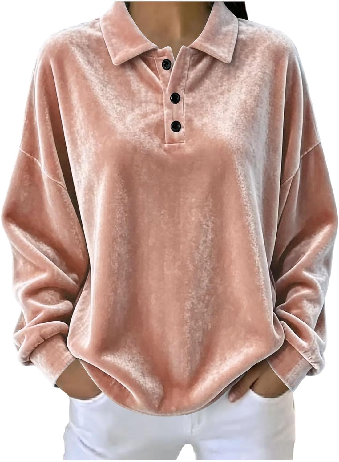 Velvet Henley Blouses for Women Long Sleeve Button Front Soft Warm Shirts Fall Winter Fashion Party Club Outfits