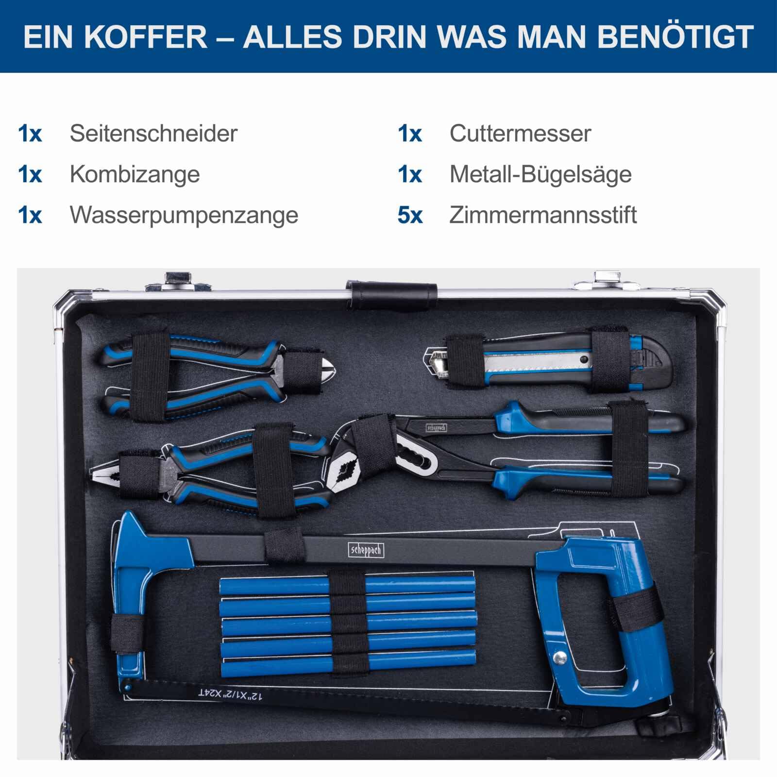 Scheppach TB200 Aluminium Werkzeugkoffer gefüllt 141-tlg Werkzeug Set | Werkstattkoffer bestückt mit Schraubenschlüssel, Hammer, Zange, Schraubenzieher, Werkzeugkiste für Werkstatt und Haushalt