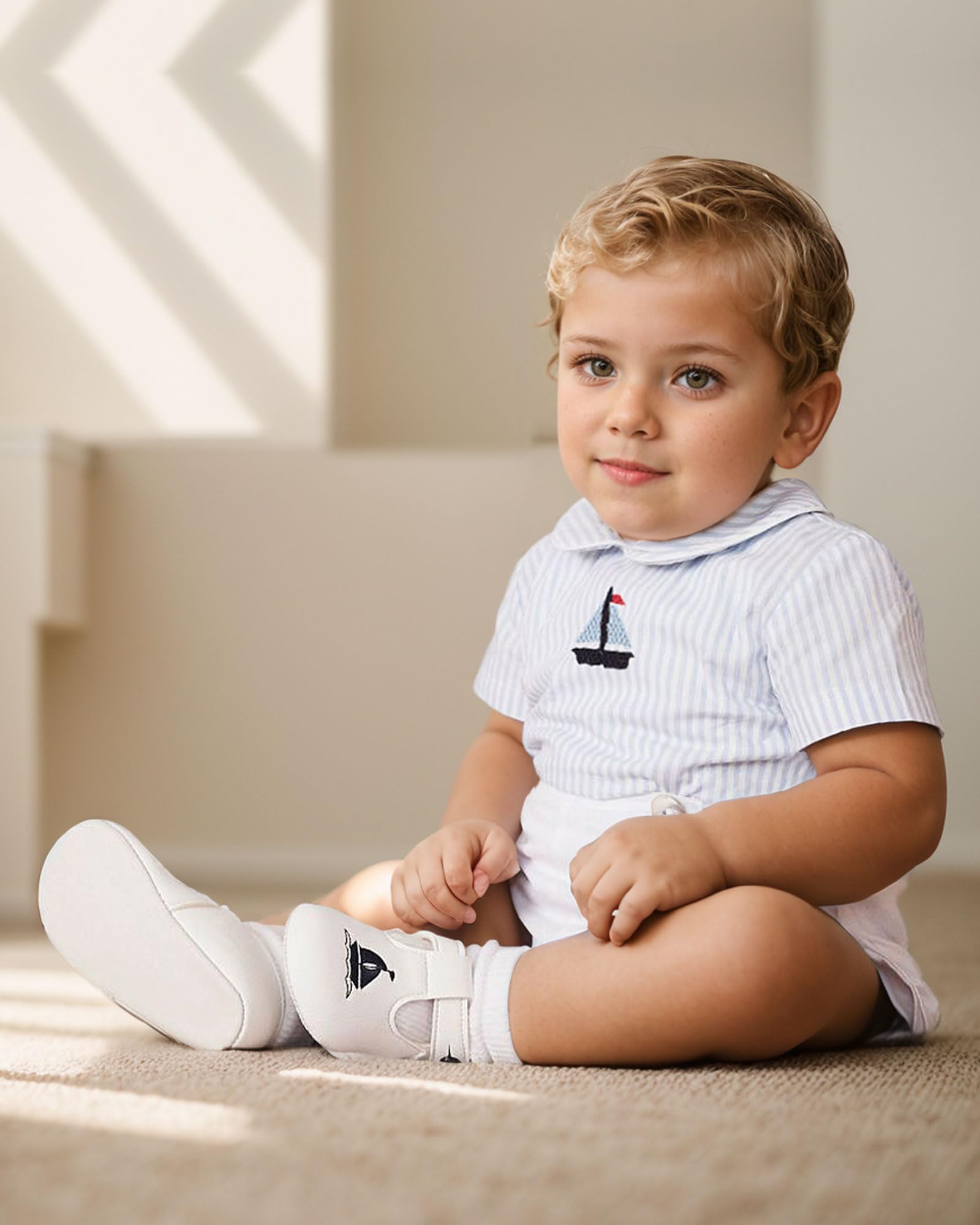 Twoflower toddler Kids Baby Boys' 2-Piece outfit set for summer short sleeved suit with embroidery clothes 1-6 Years (blue stripe, 12 months)