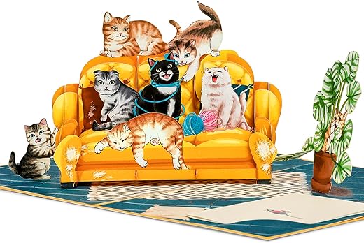 Funny Cats Pop Up Card, Lovely, Crazy, Humorous Cats on Sofa, Living Room, Cat Themed, 3D Greeting Card, Ideal Gifts for Birthday, Valentines,…