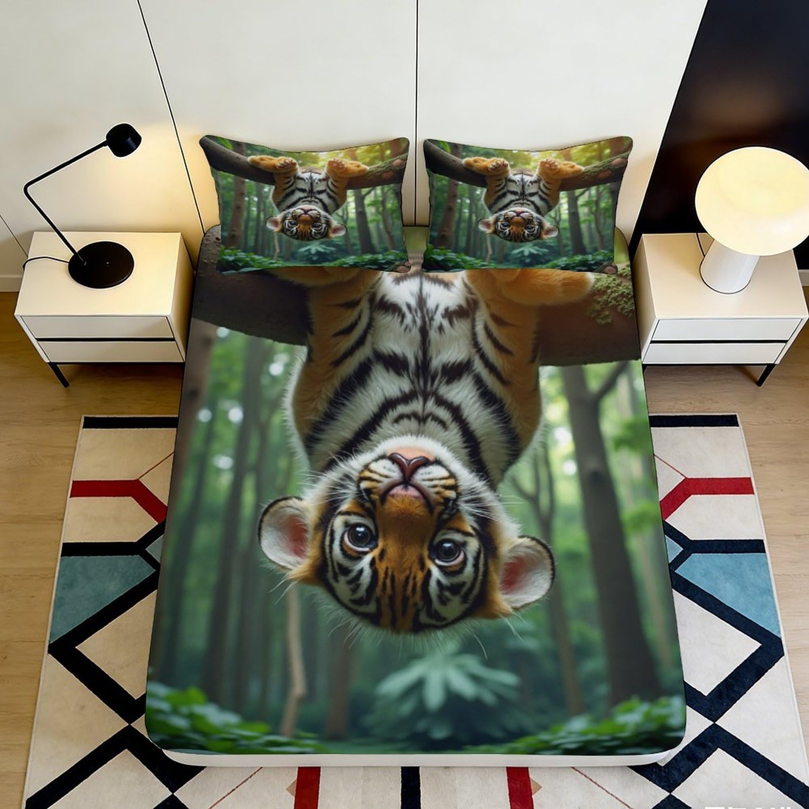 3D Printed Jungle Tiger Fitted Sheet Microfiber Soft Anti-Slip Forest Animal Bed Cover for Bedroom Dorm Decor 90x200x25cm