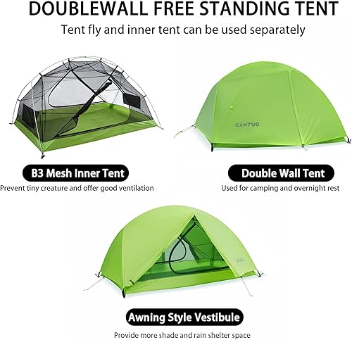 Miniatura 7 de CANTUO Tienda de campaña para 2 personas, tienda de campaña de 3 estaciones, ultraligera, impermeable, resistente al viento, fácil de configurar