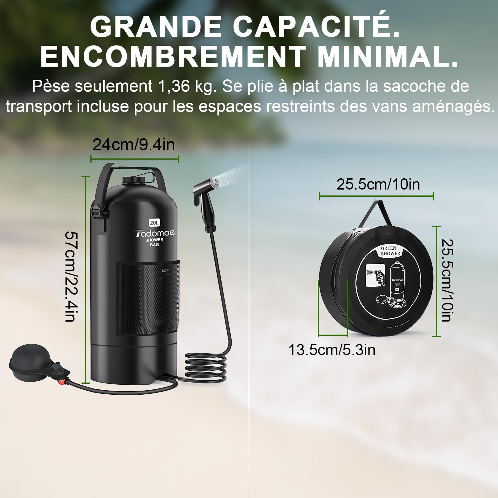 20l Douche Solaire Camping Portable avec Pompe à Pied & Tuyau 2m - Sac de Douche Extérieur Pliable avec Pommeau et Sac - Idéal pour Voyage, Van, Plage, Chien et Jardin