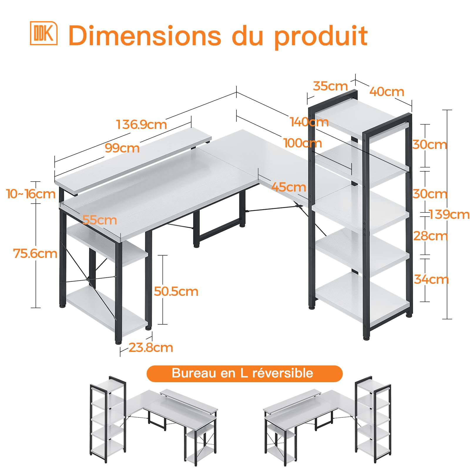ODK Bureau avec étagère, Bureau en Forme De L avec Support D'écran Long, Blanc 140×137 Cm
