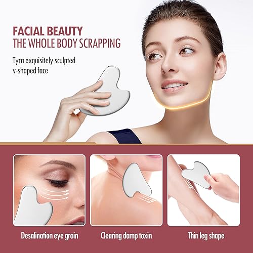 Miniatura 4 de DANGSHAN Rodillo facial de acero inoxidable y juego de herramientas de masaje Gua Sha, masaje facial Gua Sha, herramientas faciales para el cuidado