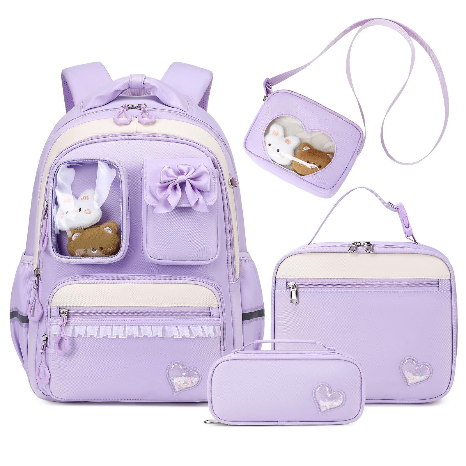 Amythe Schultasche Mädchen Rucksack Kinder, 4-teilig Schulrucksack-Set Atmungsaktiv für Mädchen, Lässiger Schulranzen mit Lunchpaket Mäppchen und Umhängetasche, Lila