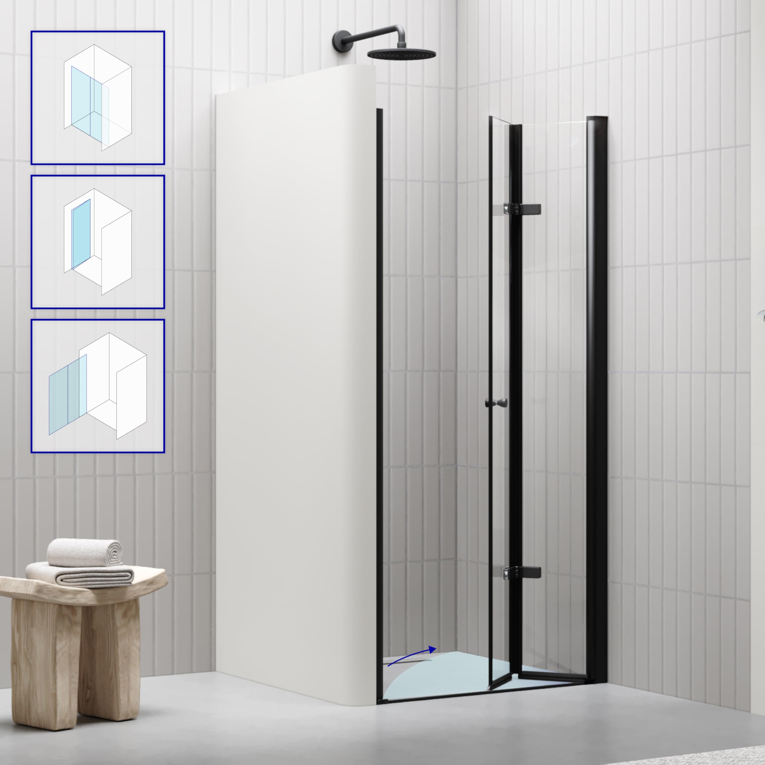 i-flair Mila Duschtür 80x195 cm – Nischentür aus Klarglas, Falttür mit schwarzen Aluminiumprofilen, 6 mm ESG Sicherheitsglas, Nano, Hebe-Senkmechanismus, Verstellbereich 80–83,5 cm, DK822