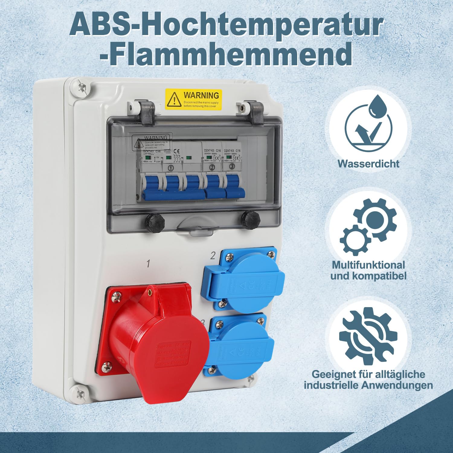 Stromverteiler 16A Industrie IP65 Wandverteiler mit 2x Schuko und CEE 16A 5-polig, mehrfach abgesichert mit LS-Schaltern, robuster Baustromverteiler für Gewerbe und Außenmontage
