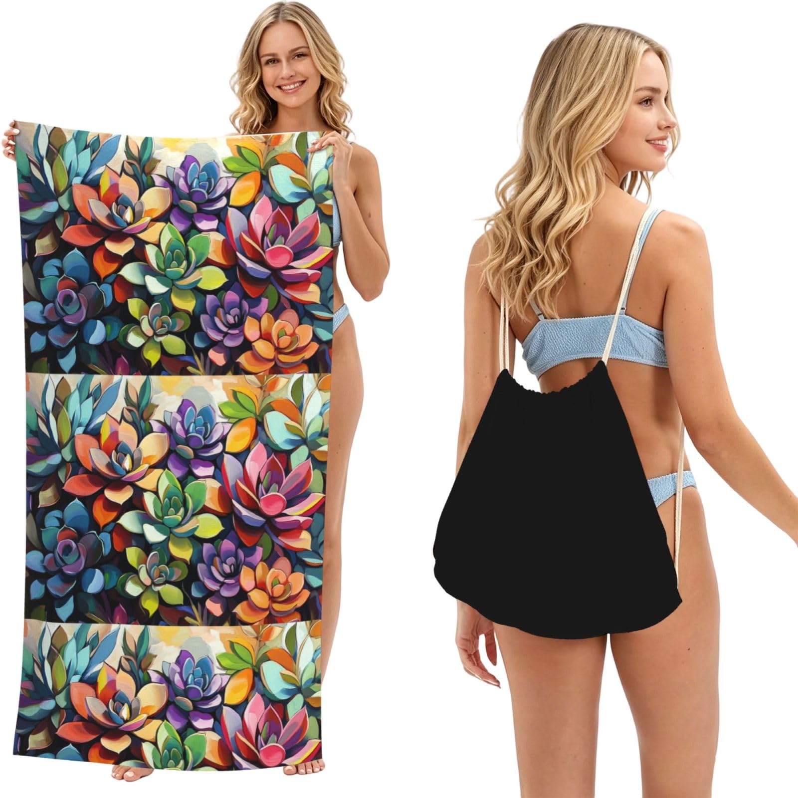 SKGOHLH rendering of bright flowers 2in1 Packable Beach Towel Bag Women