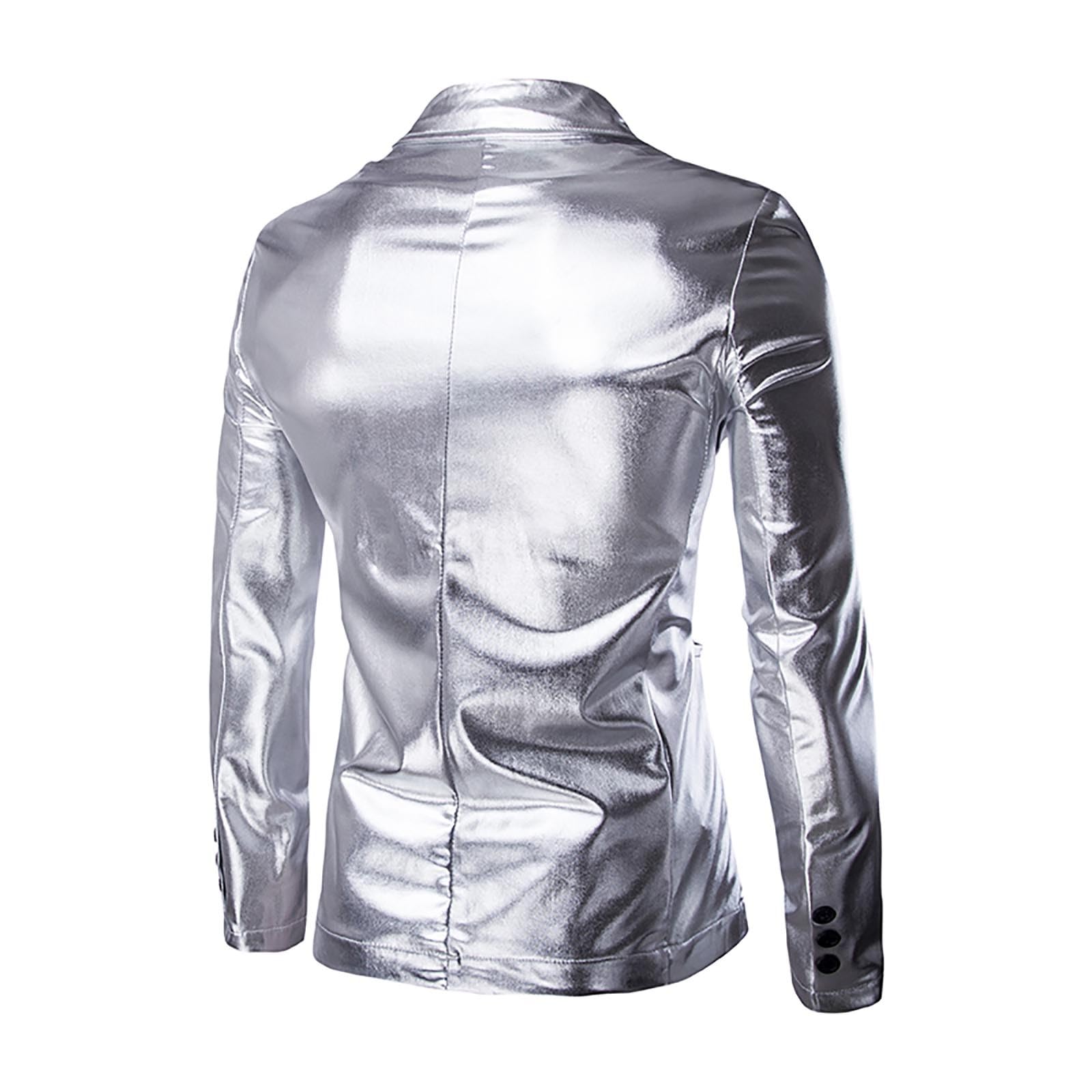 Costume de smoking 2 pièces pour homme - Coupe ajustée - Veste de mariage - Pantalon pour fête disco - Argenté brillant - Tenue de loisirs - Coupe ajustée - 2 pièces - Avec veste de costume et