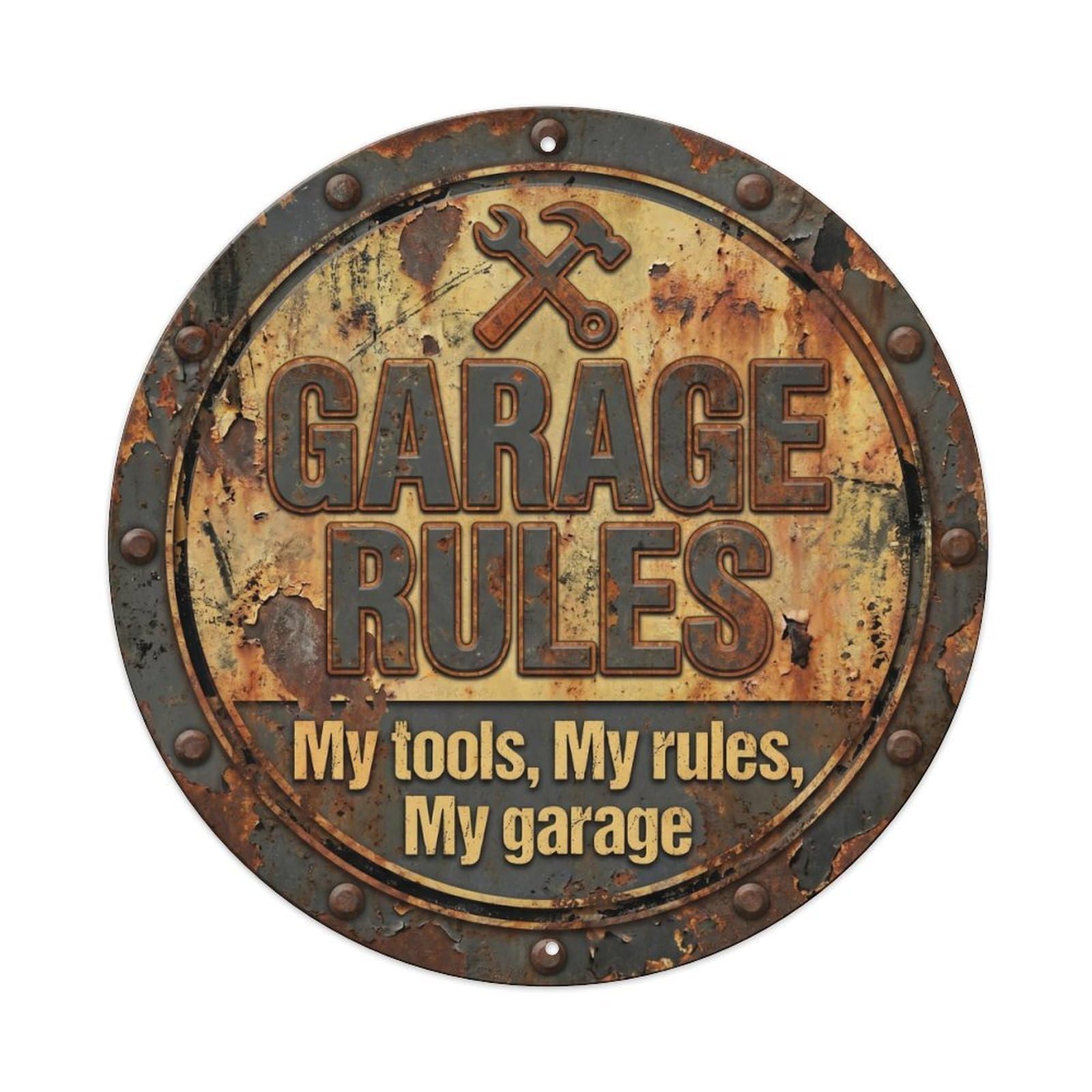 Garage Rules Vintage Round Man Cave Retro Slogans Metal Tin Sign Plaque Wall Decor for Cafe, Club, Garden Round Metal Poster 8x8Inch